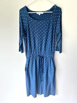 Boden Peggy Drawstring Waist Blue White Polka Dot Knee Length Dress Preppy thumbnail 3