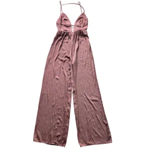 ASOS NWT 25Y Women Mauve Satin Wide Leg Jumpsuit Strappy V-Neck Open Back Size 6 thumbnail 2