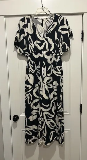 World Market Black White Boho Print Wide Leg Jumpsuit V-Neck Short Sleeve Pocket thumbnail 1