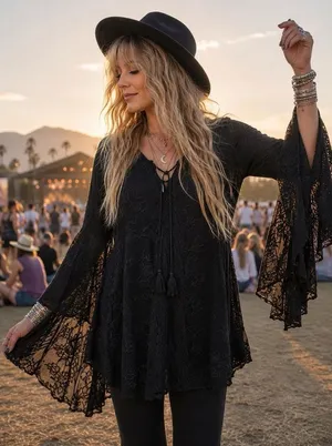Altar’d State Tunic Top M Black Lace Bell Sleeve Witchcore Boho Festival thumbnail 1
