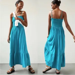 by‎ Anthropologie smocked bodice flounce hem maxi dress turquoise blue Sz XS thumbnail 2