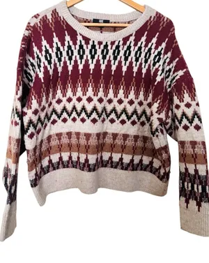 Frye Burgundy, Cream & Black Fair Isle Crewneck Sweater thumbnail 1