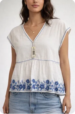 Max Studio London Embroidered Peplum Blouse NWT Medium Blue Floral Boho thumbnail 1