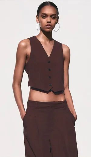 ZARA Linen Blend Cropped Open Back Waistcoat Top Brown Large thumbnail 1