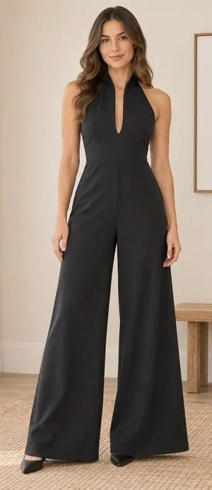 Lulus Black Halter Wide Leg Jumpsuit Deep V-Neck Formal Sleeveless Pockets L thumbnail 1