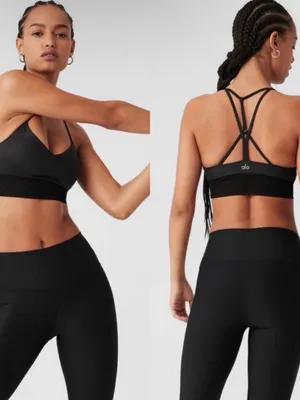 Alo Yoga Lavish Bra Glossy Black Mesh:Size Medium thumbnail 2