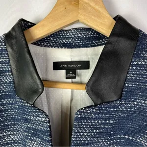 Ann‎ Taylor Navy Blue Tweed Faux Leather Blazer Jacket 8 thumbnail 4