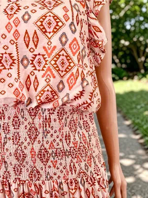 AQUA Boho Smocked Cotton Maxi Dress XL Pink Geometric Flutter Sleeve thumbnail 4