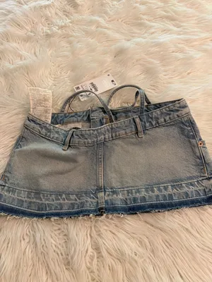ZARA Light Blue Denim Mini Shirt with Straps size S brand new length 10” thumbnail 7