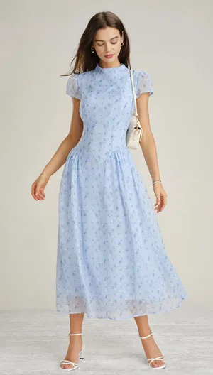 Rihoas Blue Mock Neck Floral Chiffon Maxi Dress thumbnail 1