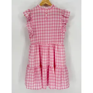 Entro Pink Plaid‎ Checkered Gingham Dress Small Tiered Babydoll Mini Ruffle Neck thumbnail 4