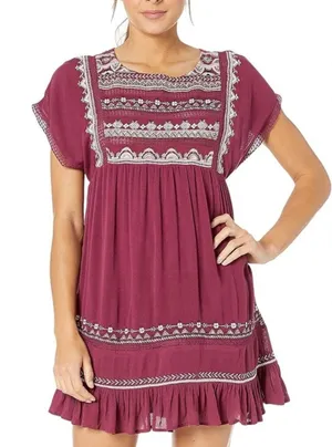 Free People Sleepless Summer Mini Dress XS Berry Burgundy‎ Embroidered Boho NWT thumbnail 1