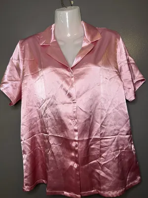 Ekouaer Pajama Top Womens Medium Pink Satin Button Front Short Sleeve Sleep thumbnail 2
