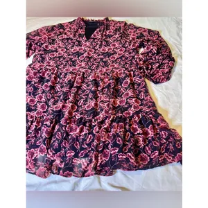 EXPRESS XL Black Mini Dress Black Rose Pink Floral Print Chiffon Flowy Flirty thumbnail 10