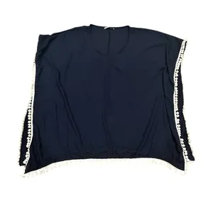 Adreamly Navy Blue White Pom-Pom Beach Resort Vacation Swim Coverup One Size Os thumbnail 2