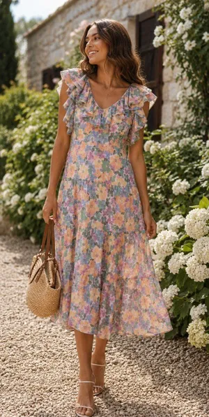 Lost + Wander Florescence Cottage Midi Dress in Yellow Purple Floral One Size thumbnail 1