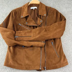 John + Jenn Moto Jacket‎ Women L Brown Faux Suede Biker Asymmetrical Zip Coat thumbnail 1