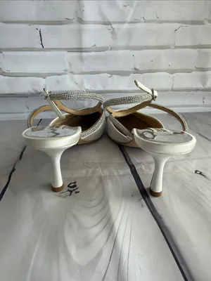 Badgley Mischka Ivory Pointed Toe Slingback Heels with Rhinestone Ankle Straps thumbnail 8