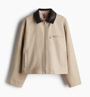 H&M Cropped Barn Jacket Size Medium Oversized Beige Coated-Collar Twill Brown thumbnail 1