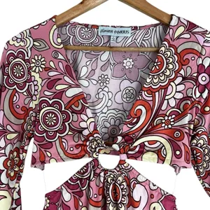 Almost Famous Retro Floral Psychedelic Cutout Mini Dress Pink 70s Hippie Size L thumbnail 3