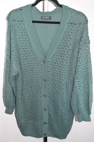 BloomChic Sage Green Crochet Knit Cardigan Open Weave Button Front Sweater 14-16 thumbnail 1