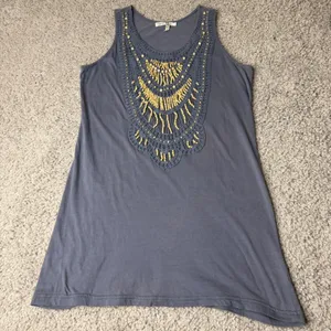 Motto Gray Beaded Crochet Bib Tank Top Womens Large Cotton Boho Sleeveless M6560 thumbnail 1