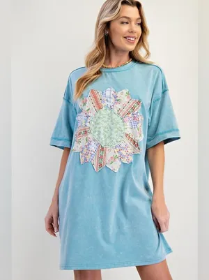 Easel | BOHO PATCH MINERAL WASHED T-SHIRT DRESS BLUE, M thumbnail 2
