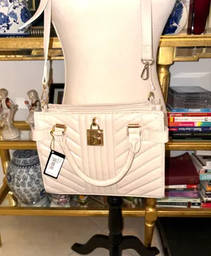 Bebe Aerin Blush Quilted Satchel bag in light pink (blush) with V-capped design and a distinctive gilded logo decorative padlock. thumbnail 2