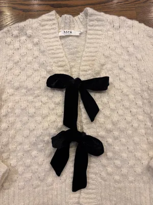 Astr the Label Cream Knit V-Neck cardigan Sweater with Black Velvet Bows, xS thumbnail 2