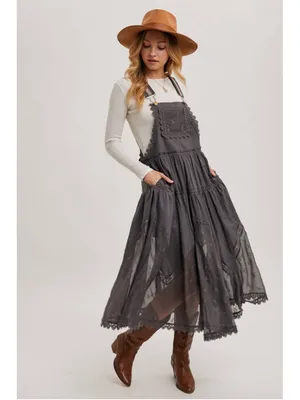 Lace Embroidered Tulle Bib Maxi Bohemian Apron Dress Size XL thumbnail 12