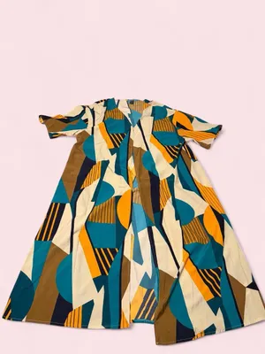 SHEIN Teal, Mustard & Cream Colorblock Geometric Cardigan thumbnail 2