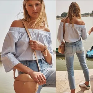 Madewell Clean Off-the-Shoulder Swing Top Shirt in Blue &‎ White Stripe Size XXS thumbnail 2