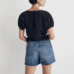 Madewell Embroidered Poplin Puff-Sleeve Cutout Crop Top in True Black NWT thumbnail 4