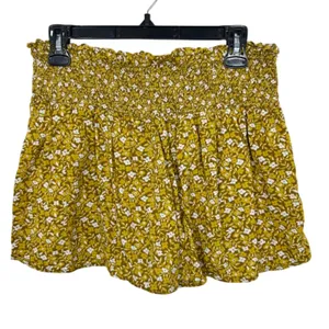 Aerie Smocked Waist Floral Flowy Shorts Women's Size L Mustard Yellow White Boho thumbnail 2