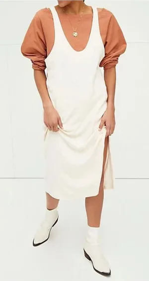 Free People Beach Scoop Neck‎ Ribbed Cream Be Happy Pinafore Dress Small thumbnail 1