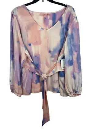 Evri Long Sleeve Semi Sheer Pink Blue Paint Look Tie Waist V-neck 3x Top NWT thumbnail 1