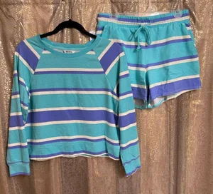 Wildfox Purple Aqua Striped Sleep Lounge Top Shorts 2 Piece Set Small NWT thumbnail 1