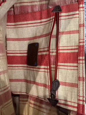 Striped Red and Cream Canvas Tote with Brown Handles thumbnail 7