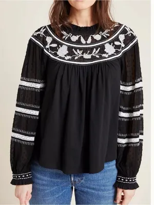 Maeve Anthropologie Winona Lace Embroidered Top Blouse Black White Size Small thumbnail 1