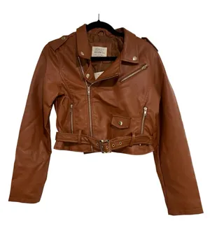 Ashley By 26 International Cropped Tan Faux Leather Moto Jacket thumbnail 1