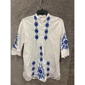 Zara Women Tunic Top XS White Blue Floral Embroidered Boho 3/4 Sleeve thumbnail 4