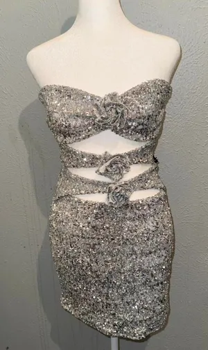 White Fox Let's Have a‎ Party Mini Dress Silver Medium thumbnail 1