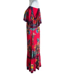 Flying Tomato Tropical Print Off The Shoulder Red Maxi Dress Womens XS Flowy Beach Vacation thumbnail 4