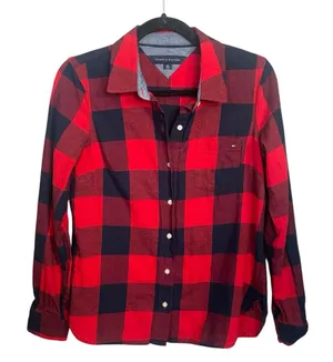 Tommy Hilfiger Cotton Flannel Button down navy and red checkered thumbnail 1
