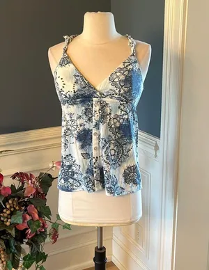 Self Esteem Tank Blue White Print Peplum Shirt Cotton Blend Medium thumbnail 1