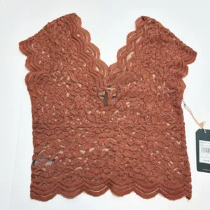 Shyanne Lace Knit Flutter Sleeve Crop Top Womens S Scalloped Edge Rust Boho NEW thumbnail 4
