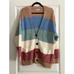 American Eagle Multi Color Striped Button Front Pocket Cardigan Sweater Size M thumbnail 2