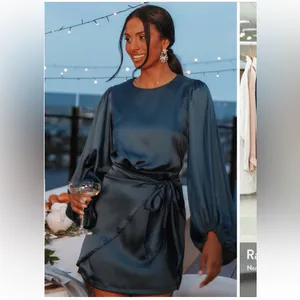 Petal & Pup Opal Tie Waist Long Sleeve Satin Minidress thumbnail 2