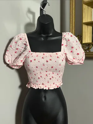 Altar’d State XS Morgan Pink Floral Smocked Puff Sleeve Crop Top thumbnail 1
