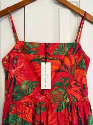 Maison d'Amélie tropical print red maxi dress NWT Size Small Linen Blend thumbnail 4